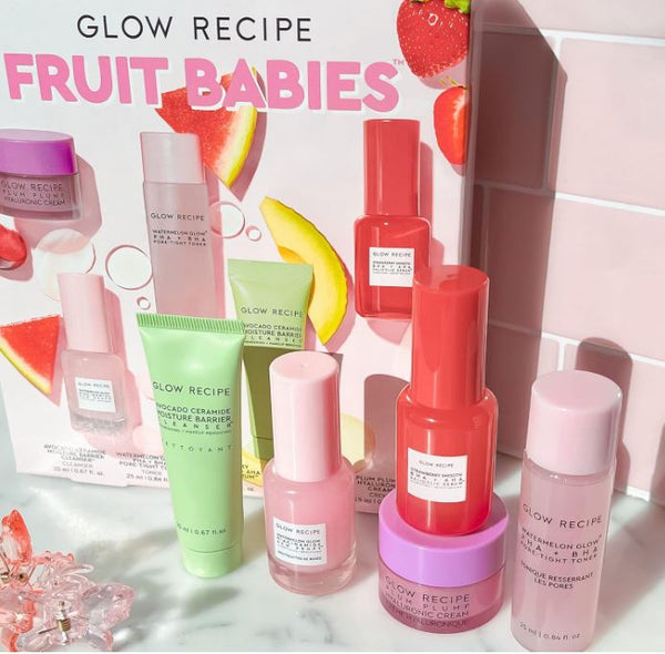 Glow Recipe - Fruit Babies Bestsellers Kit - Mini Travel Size Beauty Essentials - Avocado Foam Cleanser, Niacinamide Dew Drops Serum, Pore-Tight Toner, Salicylic Serum, Hyaluronic Acid Cream