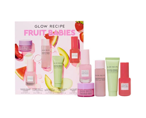 Glow Recipe - Fruit Babies Bestsellers Kit - Mini Travel Size Beauty Essentials - Avocado Foam Cleanser, Niacinamide Dew Drops Serum, Pore-Tight Toner, Salicylic Serum, Hyaluronic Acid Cream