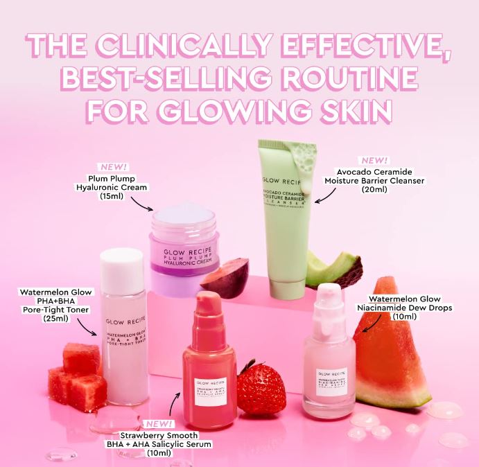 Glow Recipe - Fruit Babies Bestsellers Kit - Mini Travel Size Beauty Essentials - Avocado Foam Cleanser, Niacinamide Dew Drops Serum, Pore-Tight Toner, Salicylic Serum, Hyaluronic Acid Cream